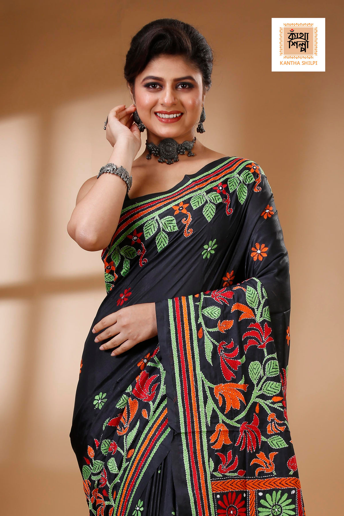 Black Color Bangalore Silk Multicolor Thread Work Kantha Stitch Saree
