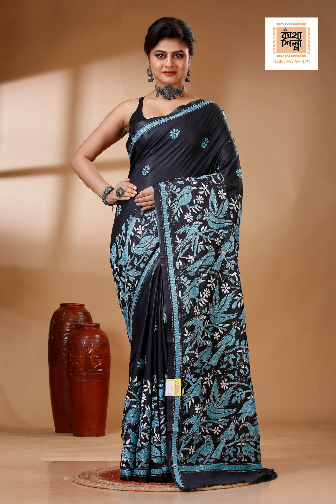 Balck Color Bangalore Silk Glacier color Thread Work Kantha Stitch Saree