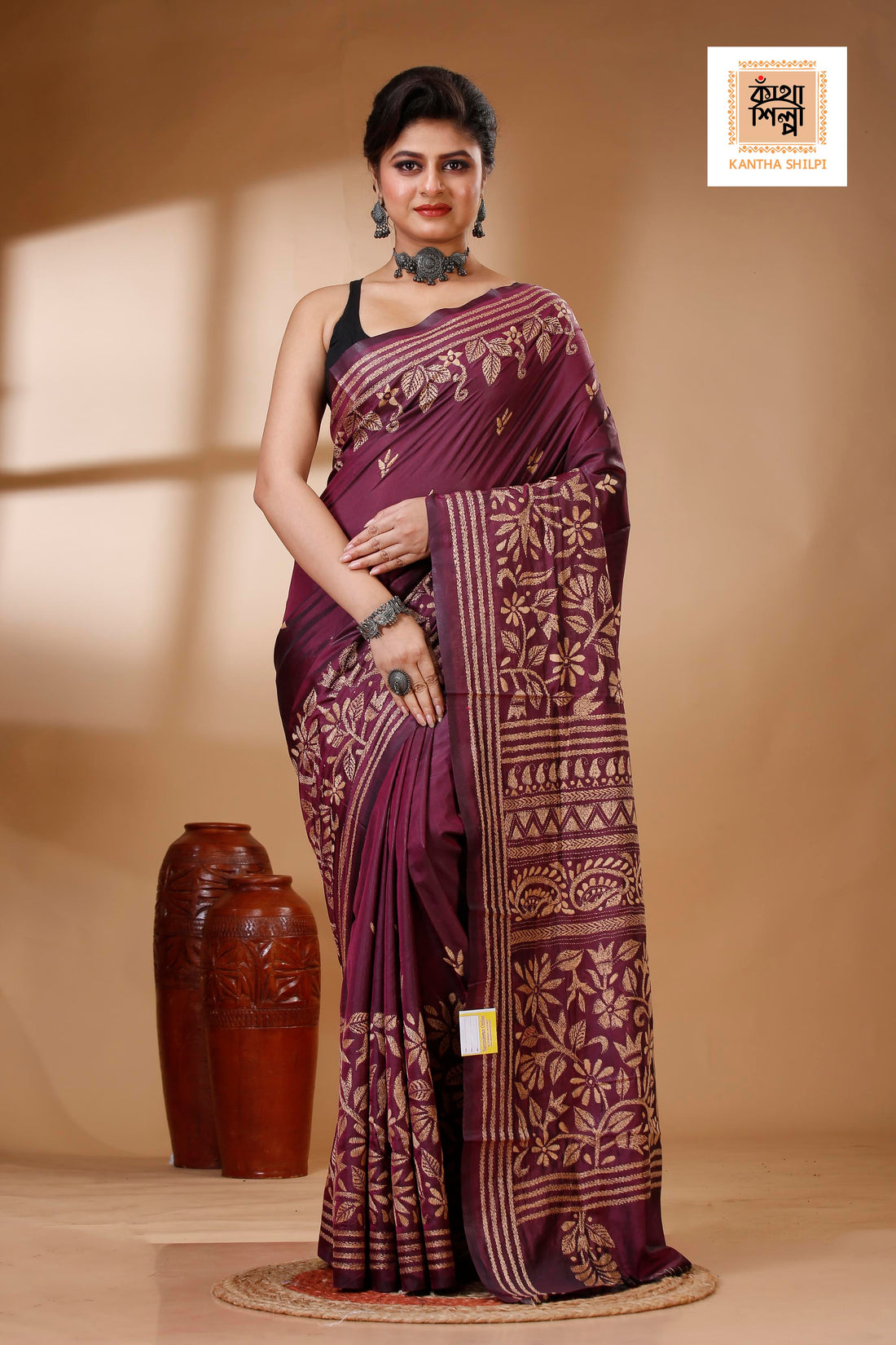 Wine Color Bangalore Silk Blac color Thread Work Kantha Stitch Saree