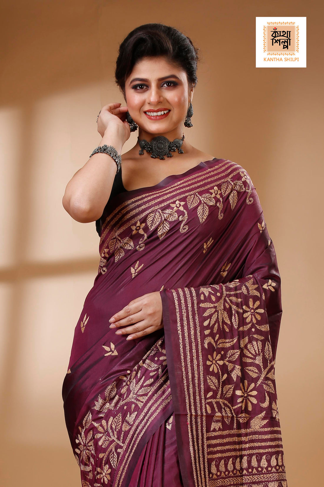 Wine Color Bangalore Silk Blac color Thread Work Kantha Stitch Saree