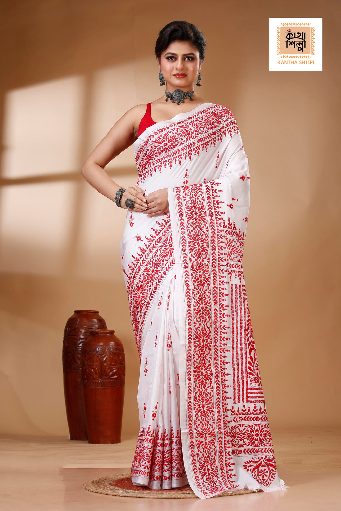 White Color Bangalore Silk Red color Thread Work Kantha Stitch Saree