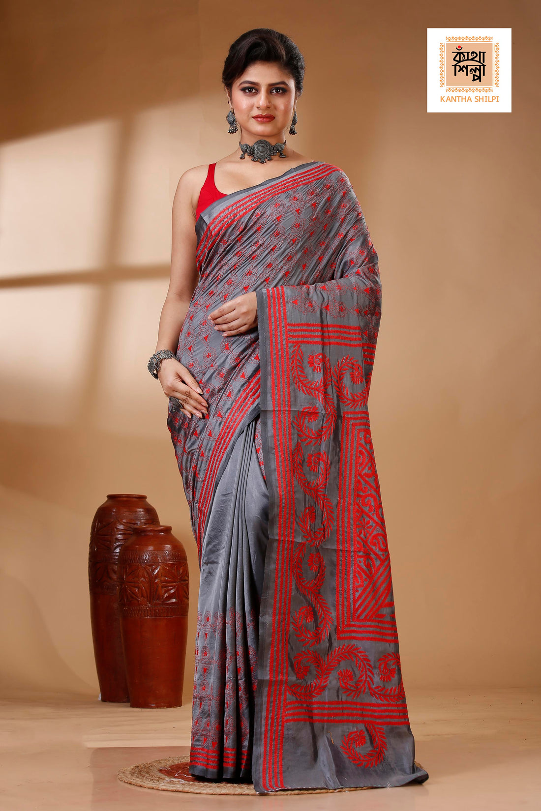 Gray Color Bangalore Silk Red color Thread Work Kantha Stitch Saree