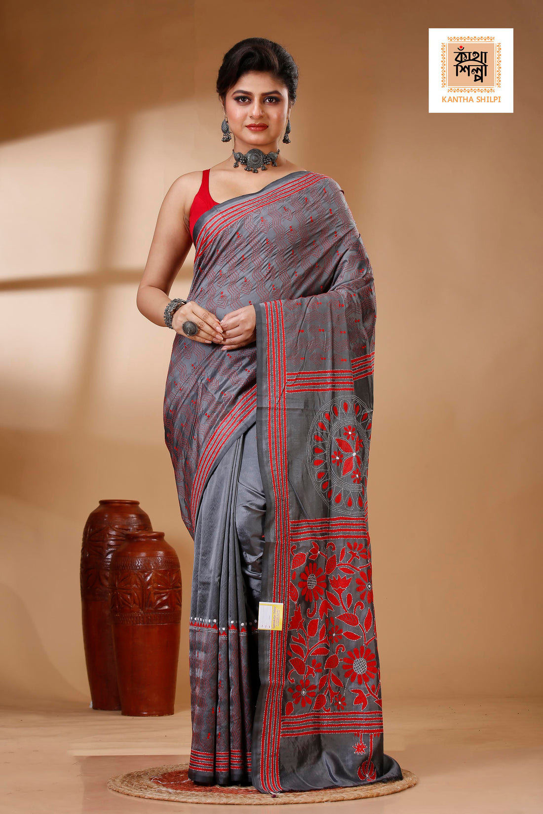 Gray Color Bangalore Silk Red White color Thread Work Kantha Stitch Saree