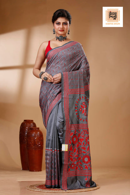 Gray Color Bangalore Silk Red White color Thread Work Kantha Stitch Saree