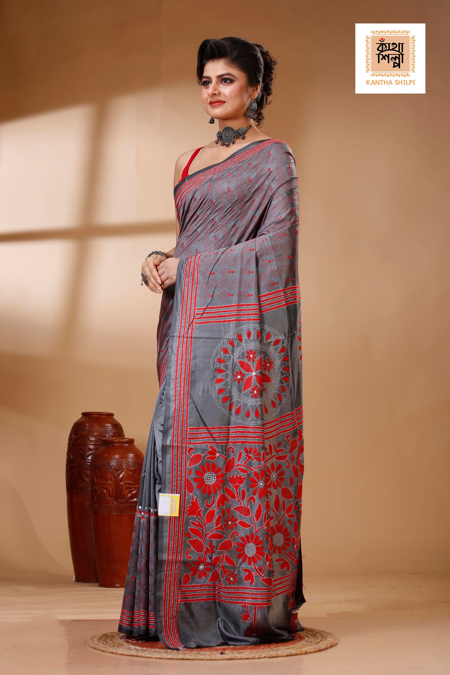 Gray Color Bangalore Silk Red White color Thread Work Kantha Stitch Saree