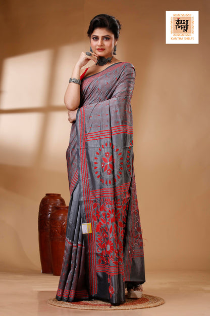 Gray Color Bangalore Silk Red White color Thread Work Kantha Stitch Saree