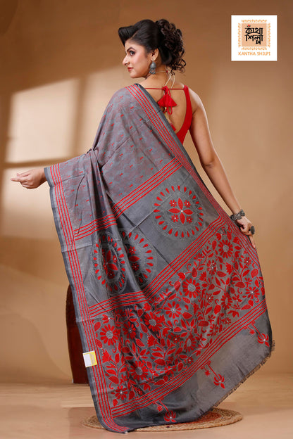 Gray Color Bangalore Silk Red White color Thread Work Kantha Stitch Saree