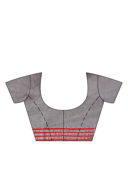 Gray Color Bangalore Silk Red White color Thread Work Kantha Stitch Saree