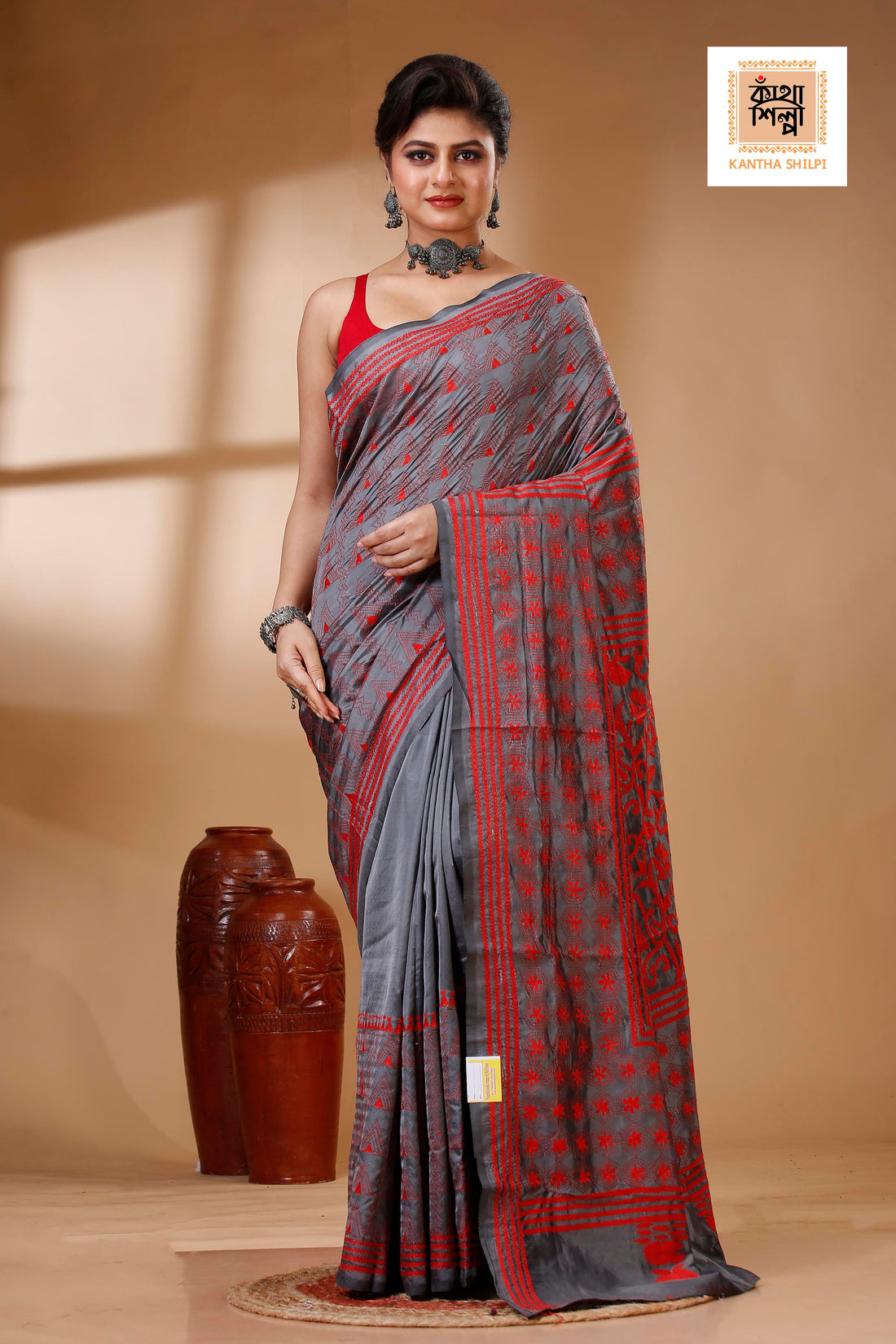 Gray Color Bangalore Silk Red color Thread Work Kantha Stitch Saree