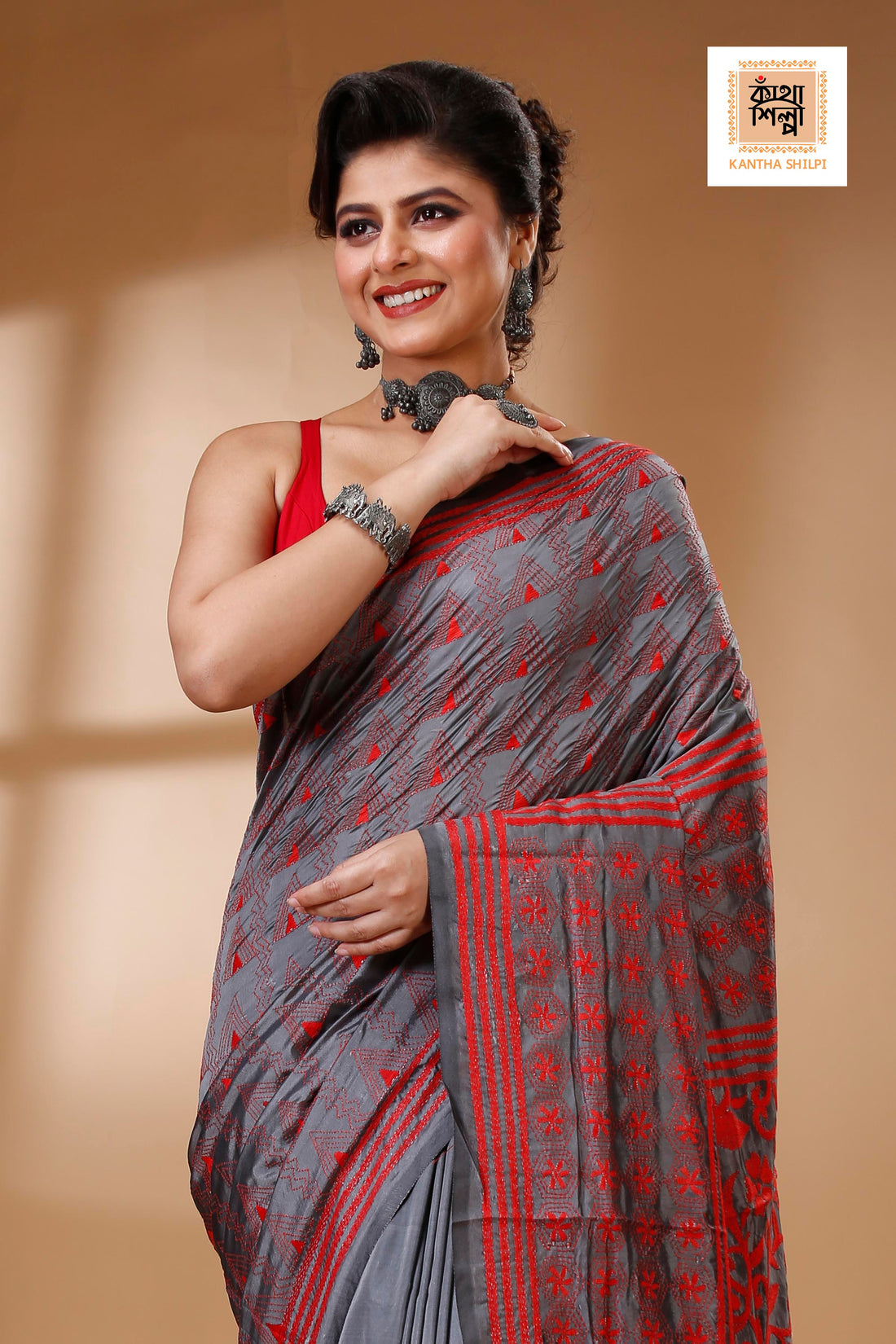 Gray Color Bangalore Silk Red color Thread Work Kantha Stitch Saree