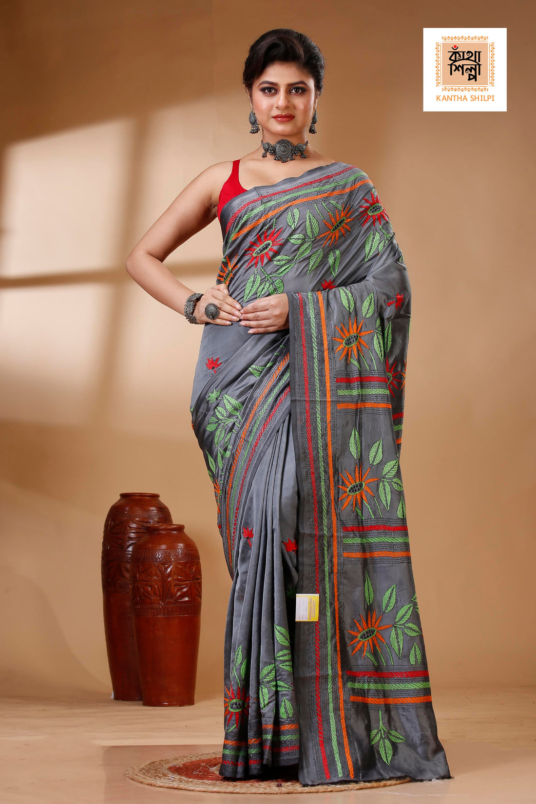 Gray Color Bangalore Silk Multicolor Thread Work Kantha Stitch Saree