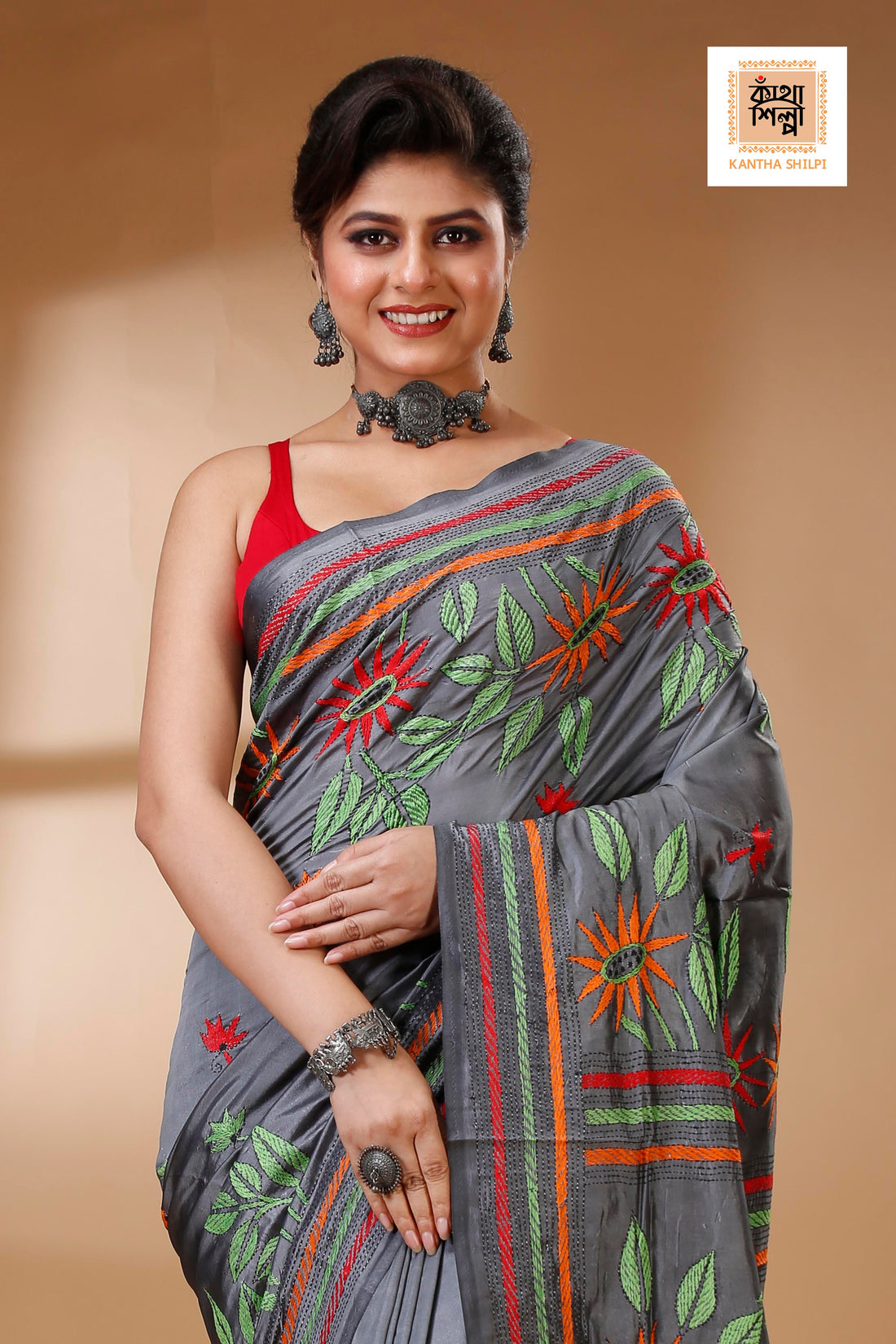 Gray Color Bangalore Silk Multicolor Thread Work Kantha Stitch Saree