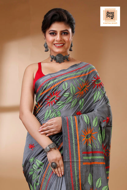 Gray Color Bangalore Silk Multicolor Thread Work Kantha Stitch Saree