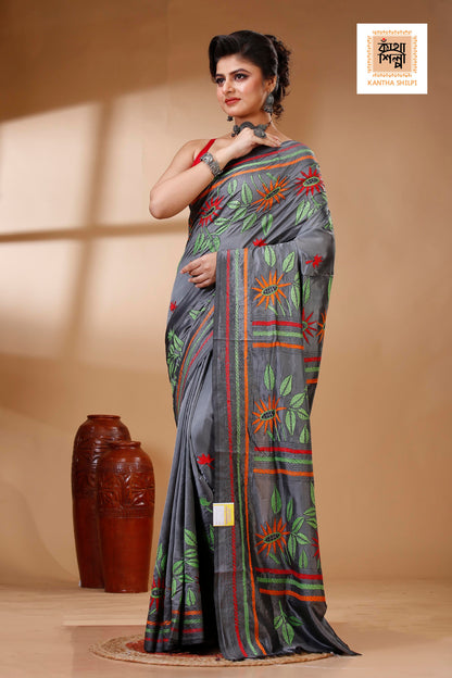 Gray Color Bangalore Silk Multicolor Thread Work Kantha Stitch Saree