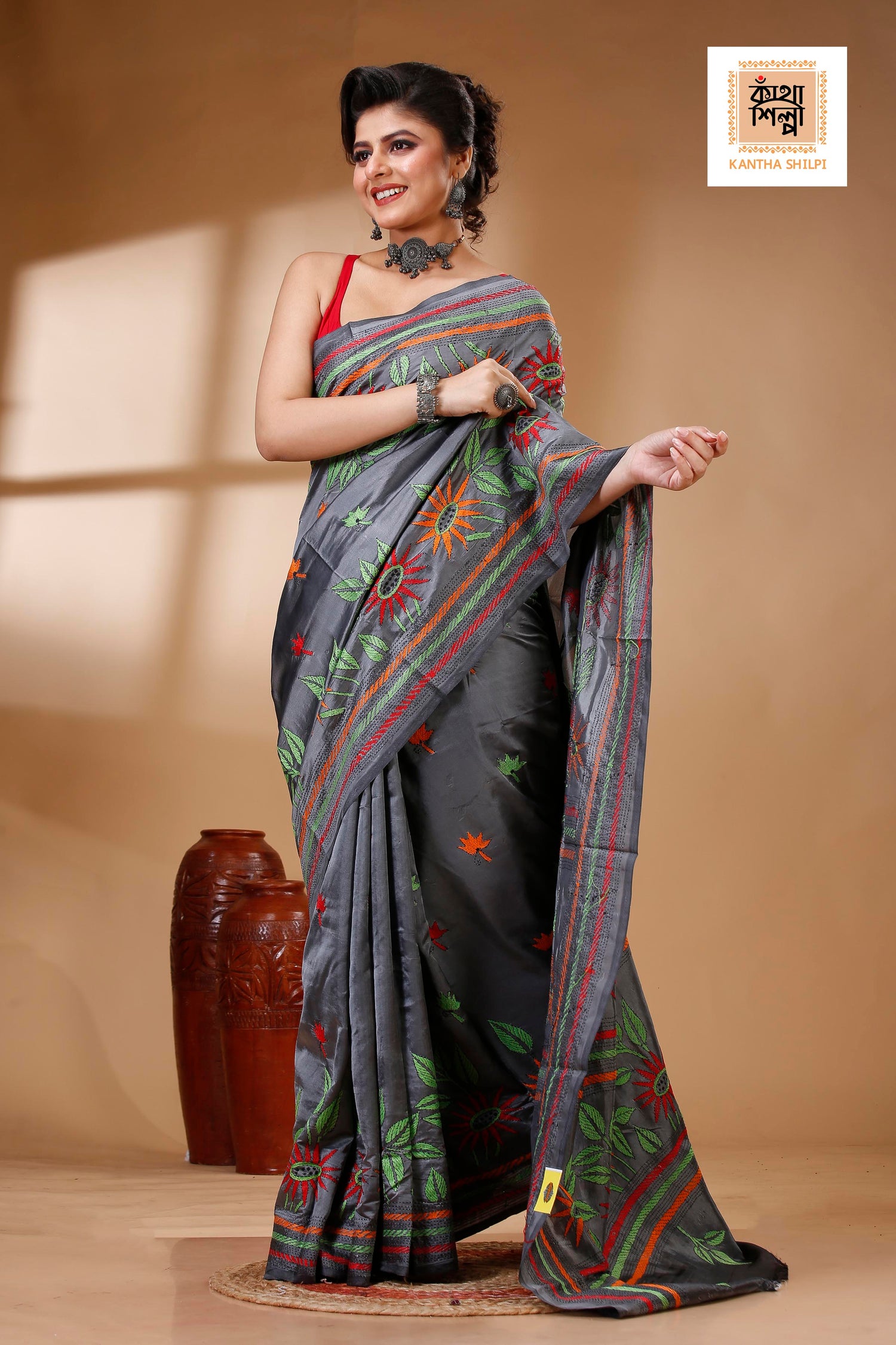 Gray Color Bangalore Silk Multicolor Thread Work Kantha Stitch Saree