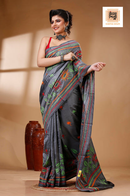 Gray Color Bangalore Silk Multicolor Thread Work Kantha Stitch Saree
