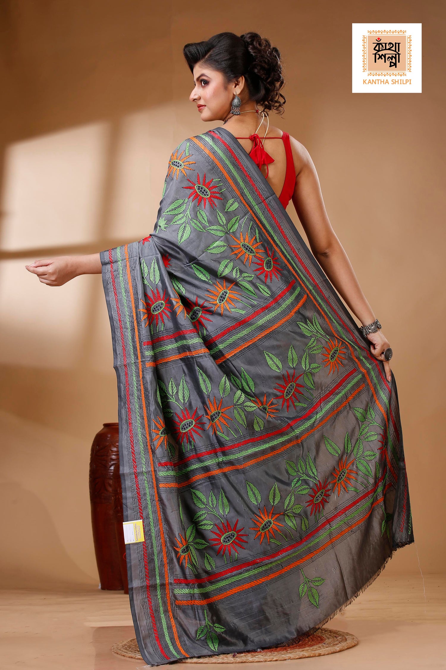 Gray Color Bangalore Silk Multicolor Thread Work Kantha Stitch Saree