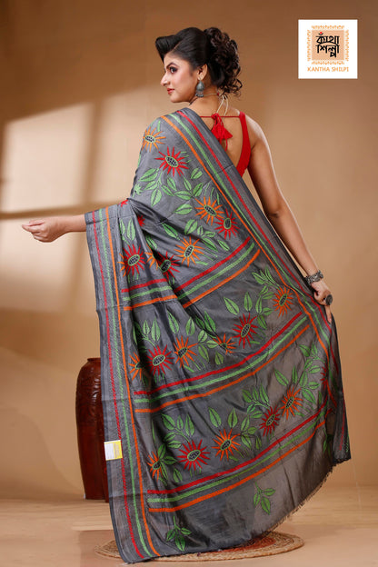 Gray Color Bangalore Silk Multicolor Thread Work Kantha Stitch Saree