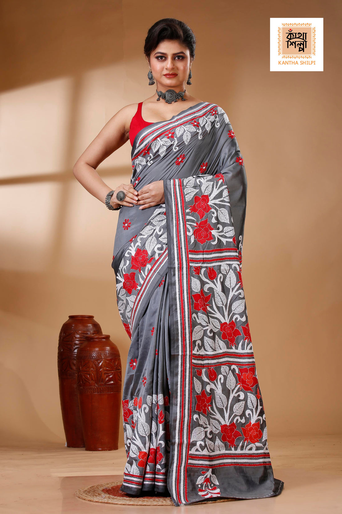 Gray Color Bangalore Silk Red White color Thread Work Kantha Stitch Saree
