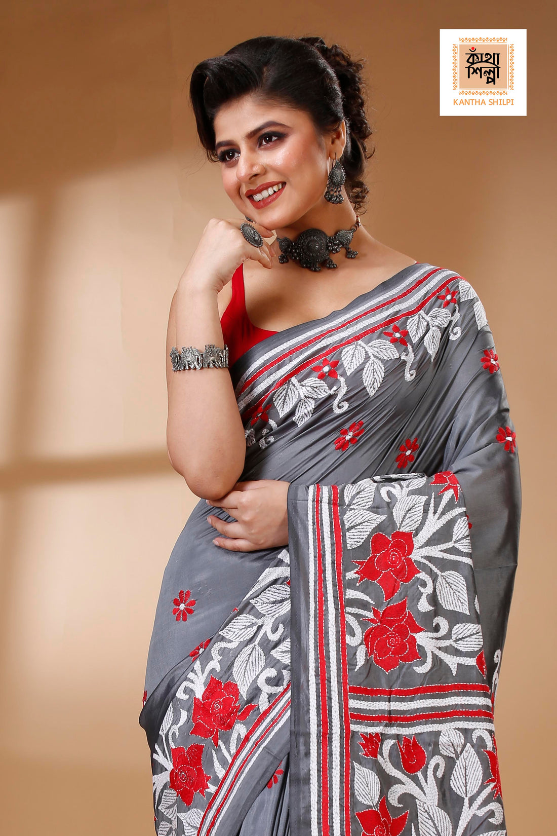 Gray Color Bangalore Silk Red White color Thread Work Kantha Stitch Saree