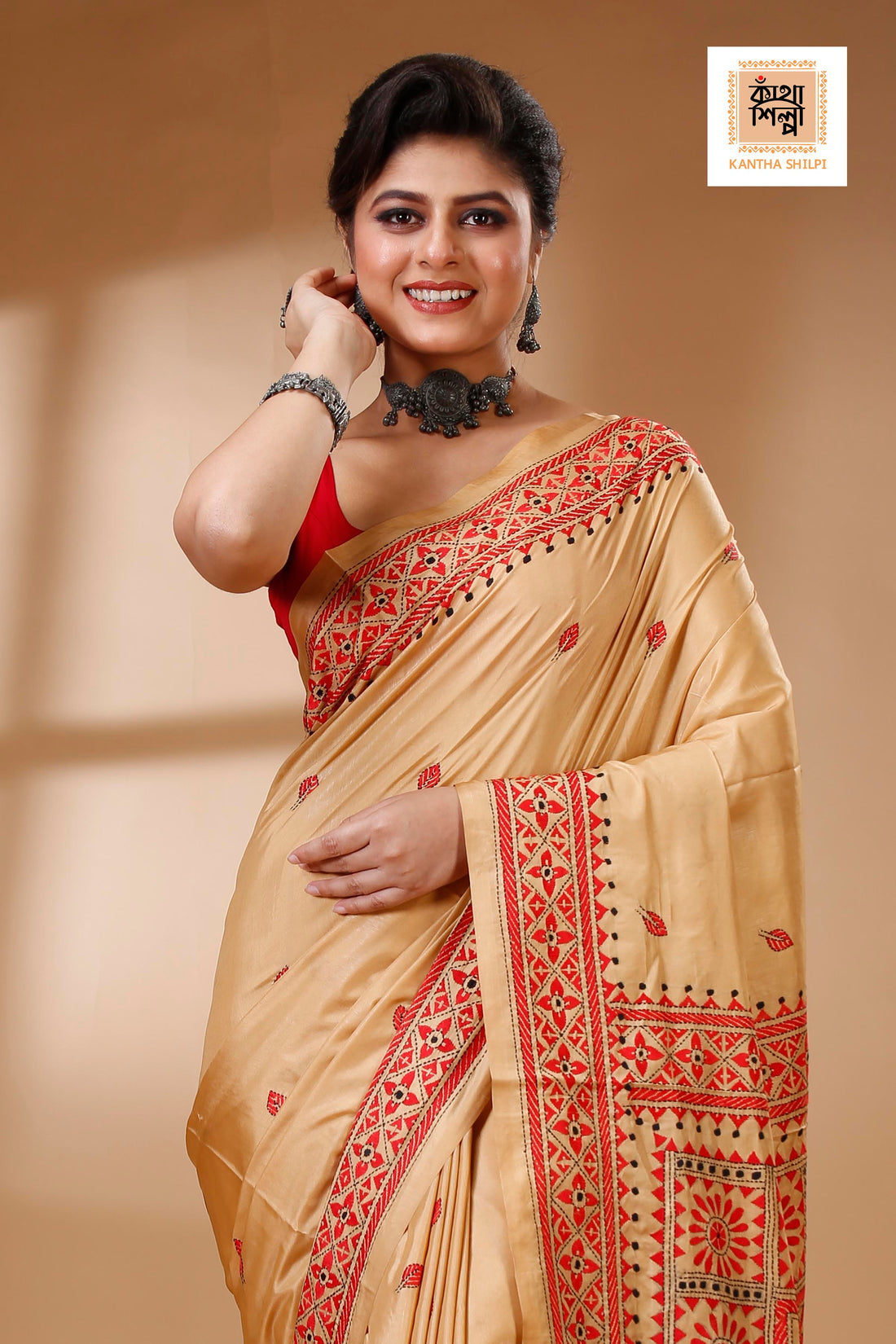 Beige Color Bangalore Silk Red Black color Thread Work Kantha Stitch Saree