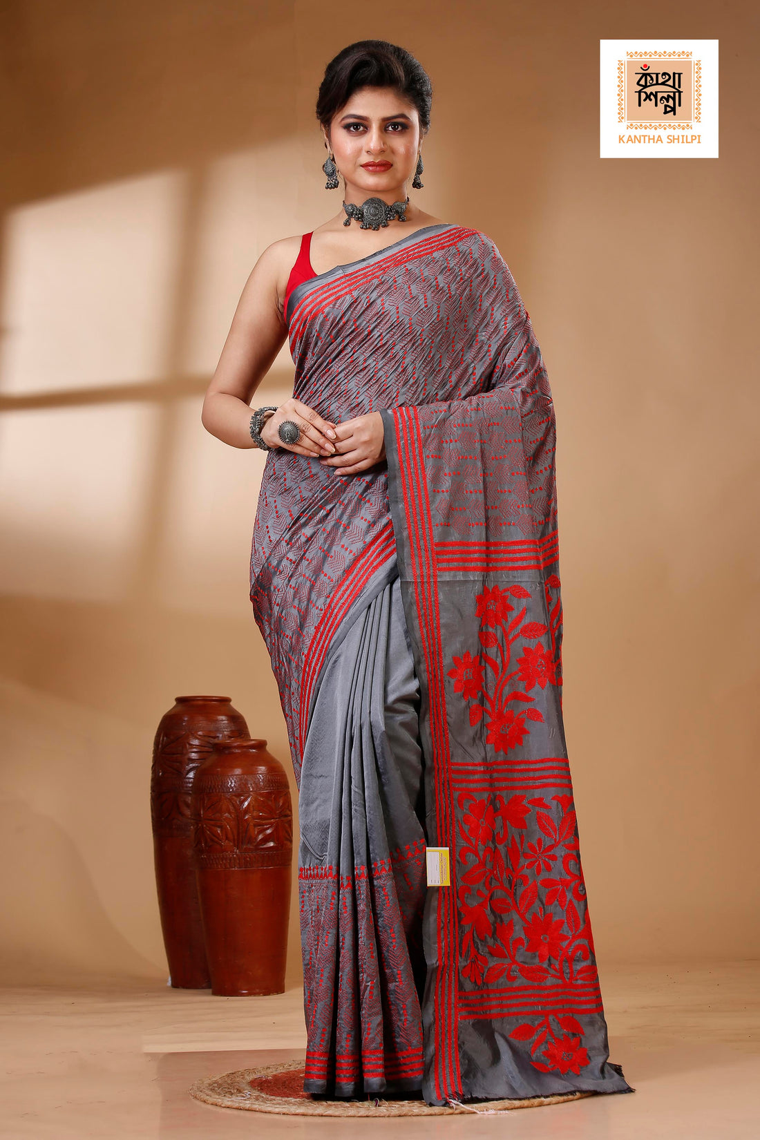Gray Color Bangalore Silk Red color Thread Work Kantha Stitch Saree