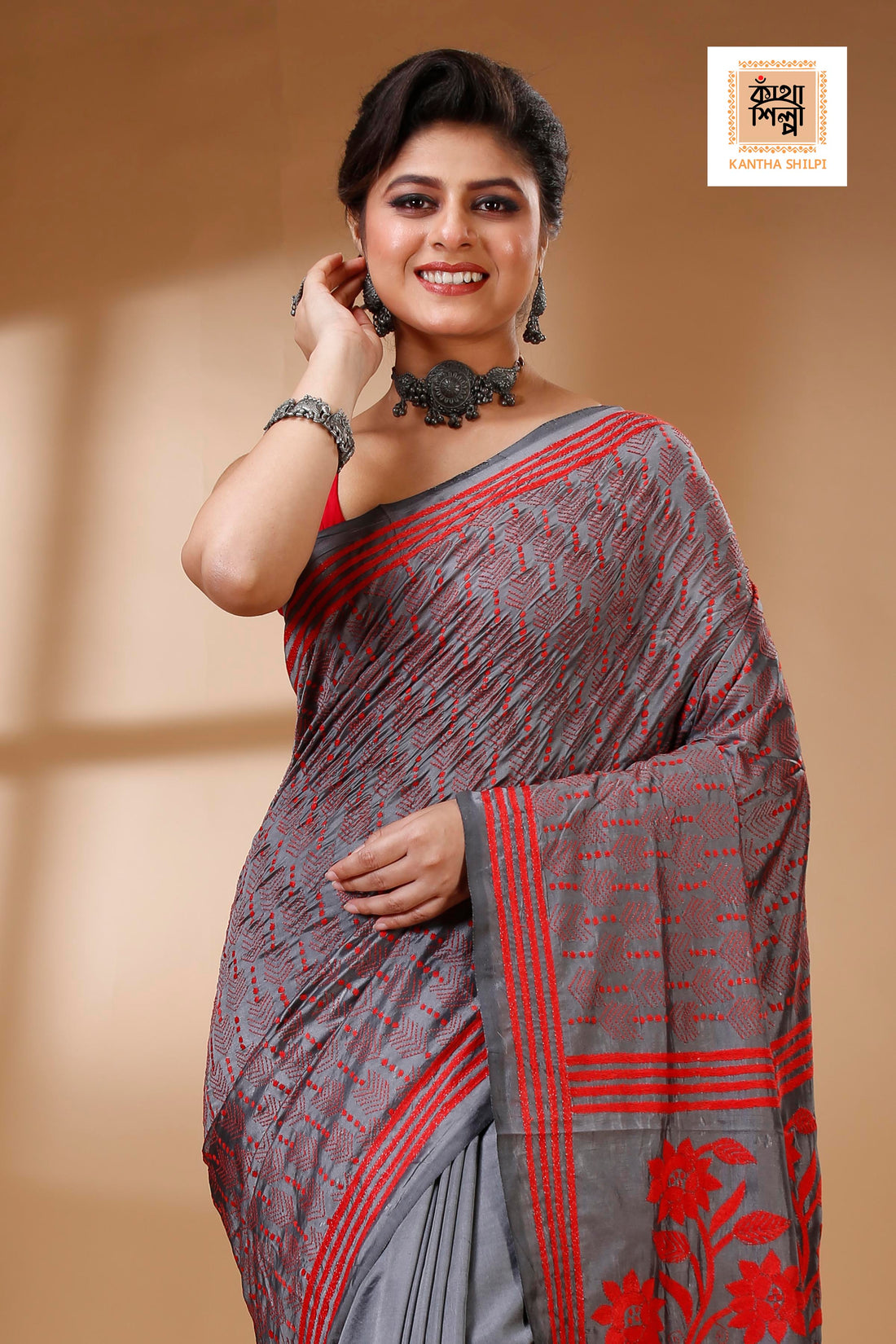 Gray Color Bangalore Silk Red color Thread Work Kantha Stitch Saree