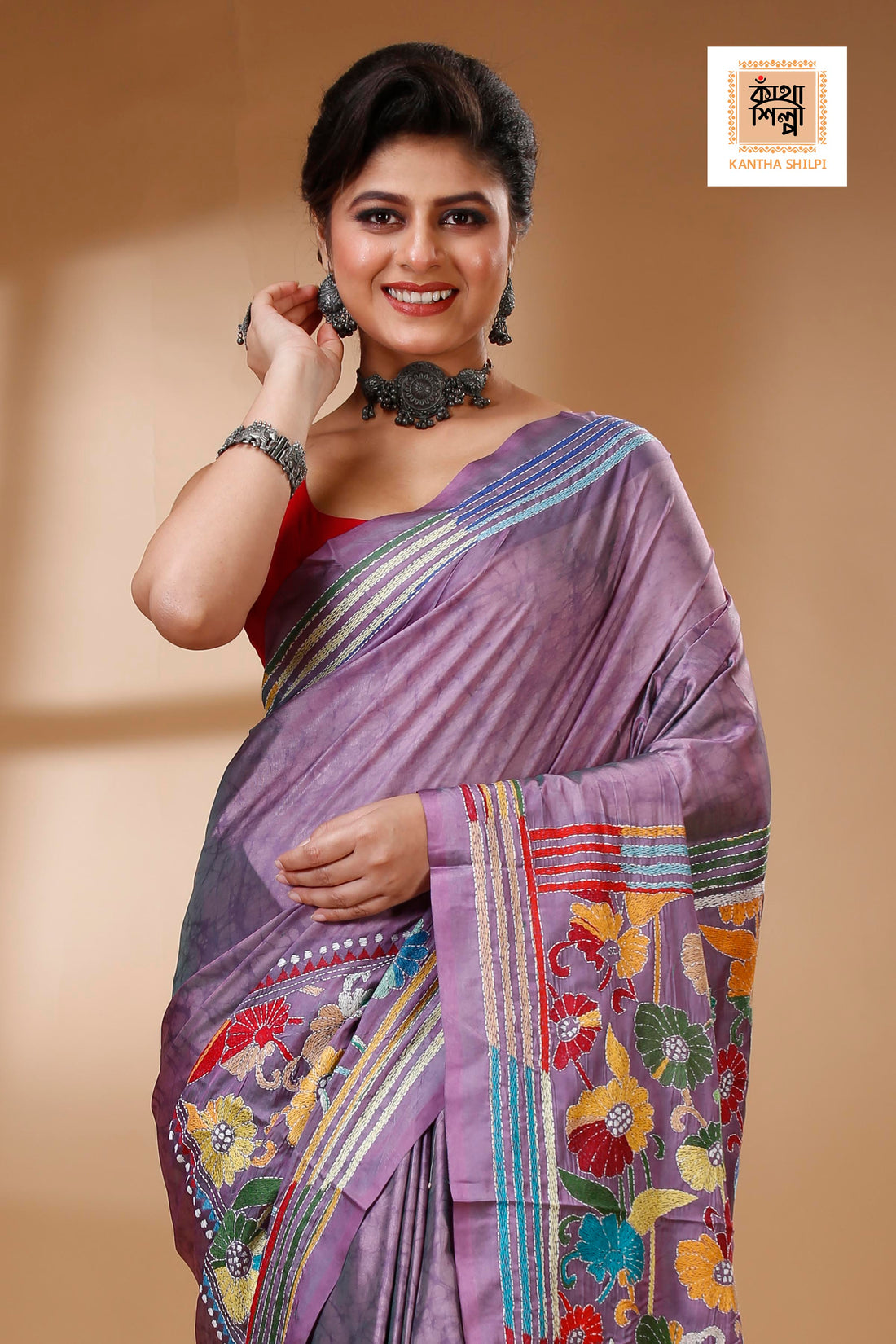 Bangalore Silk Multicolor Thread Work and Hand Batik Kantha Stitch Saree