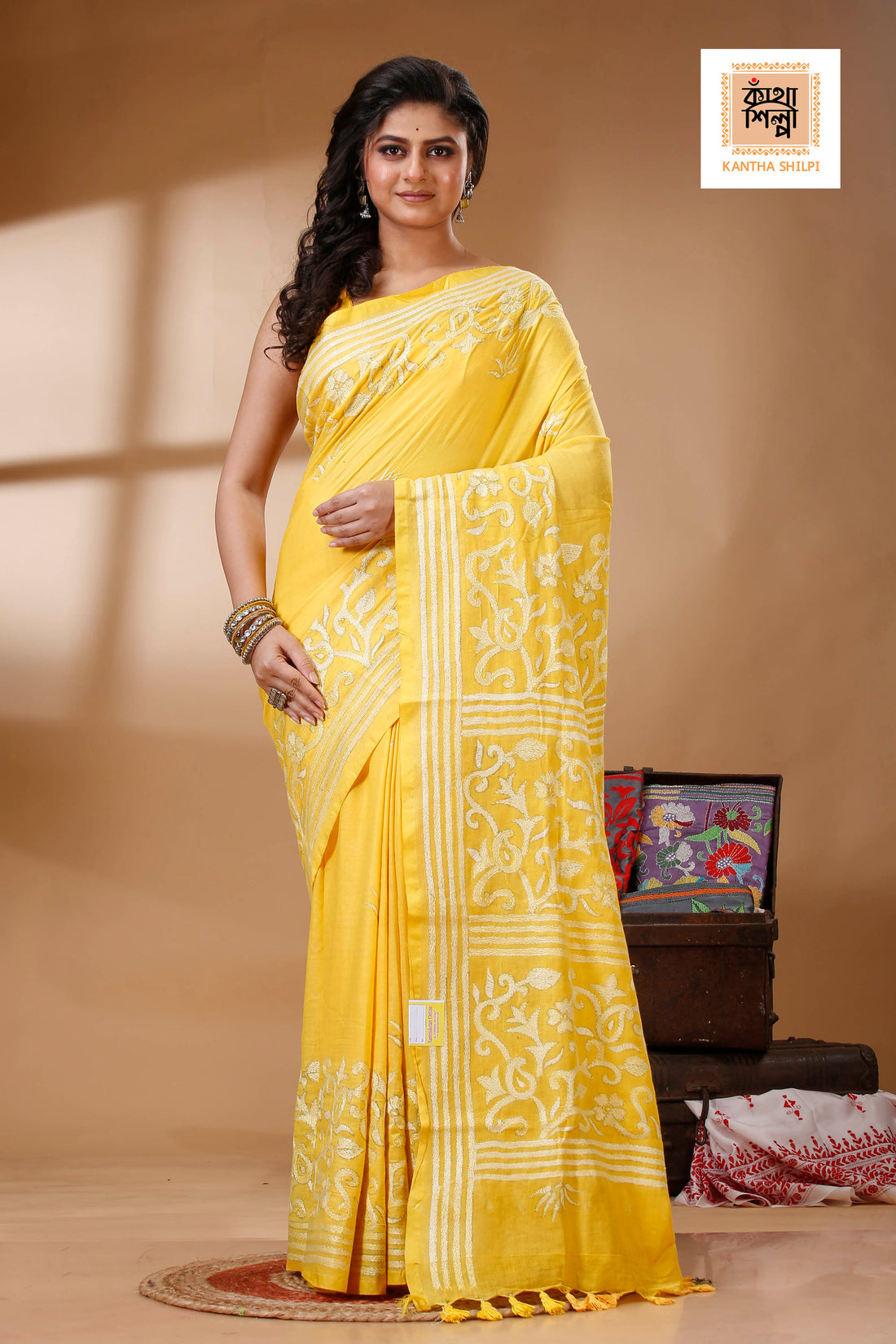 Yellow Color Pure Cotton with White Thread Work Kantha Stitch Saree