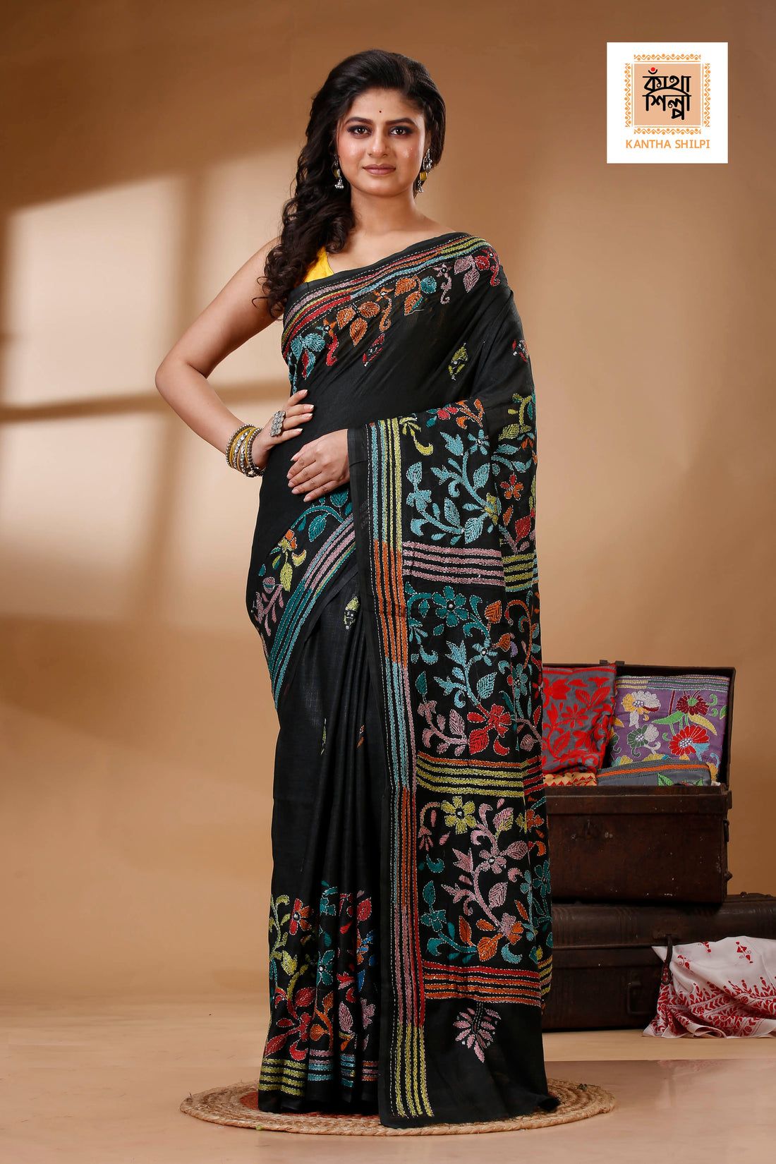 Black Color Pure Cotton with Multicolor Thread Work Kantha Stitch Saree