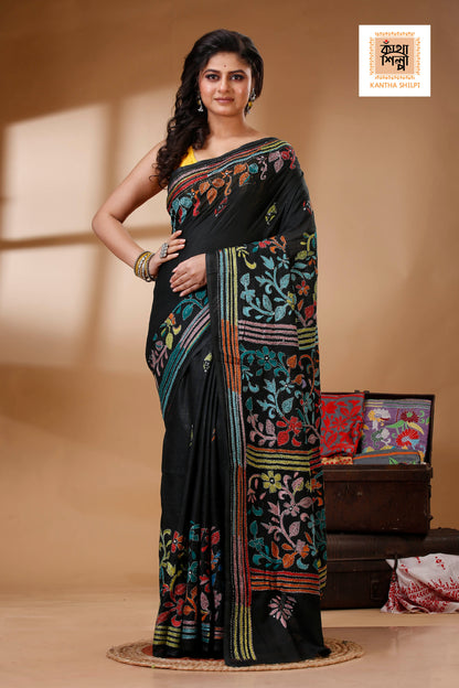Black Color Pure Cotton with Multicolor Thread Work Kantha Stitch Saree