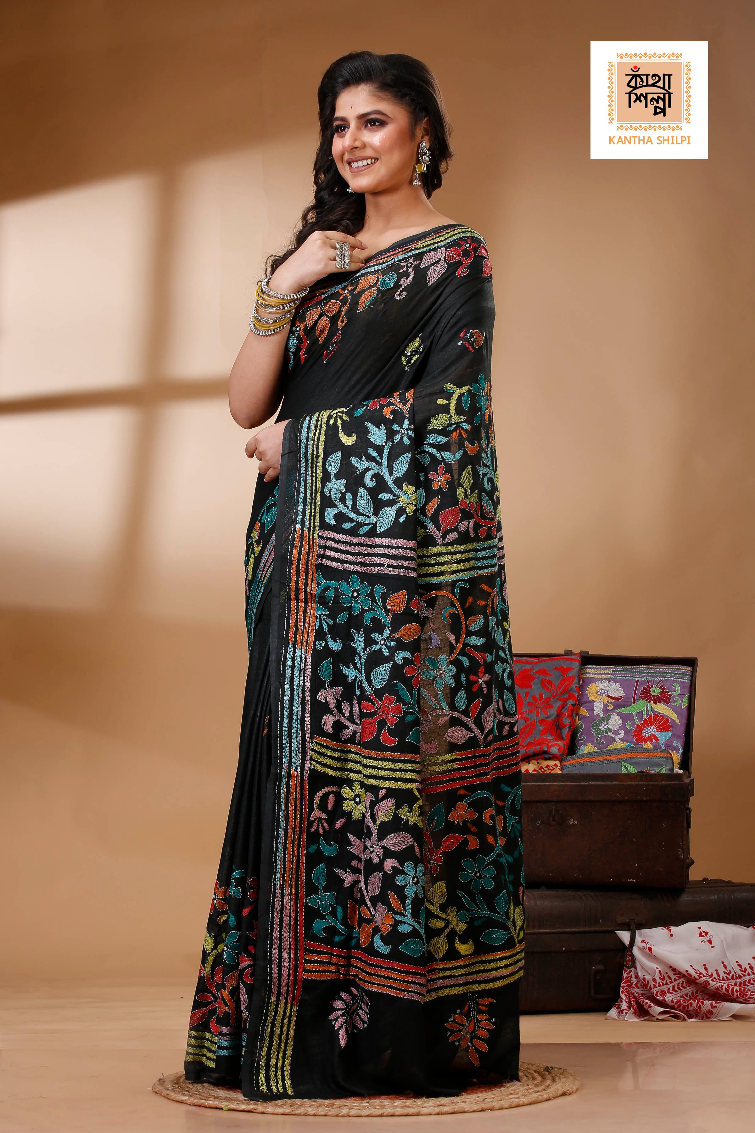 Black Color Pure Cotton with Multicolor Thread Work Kantha Stitch Saree