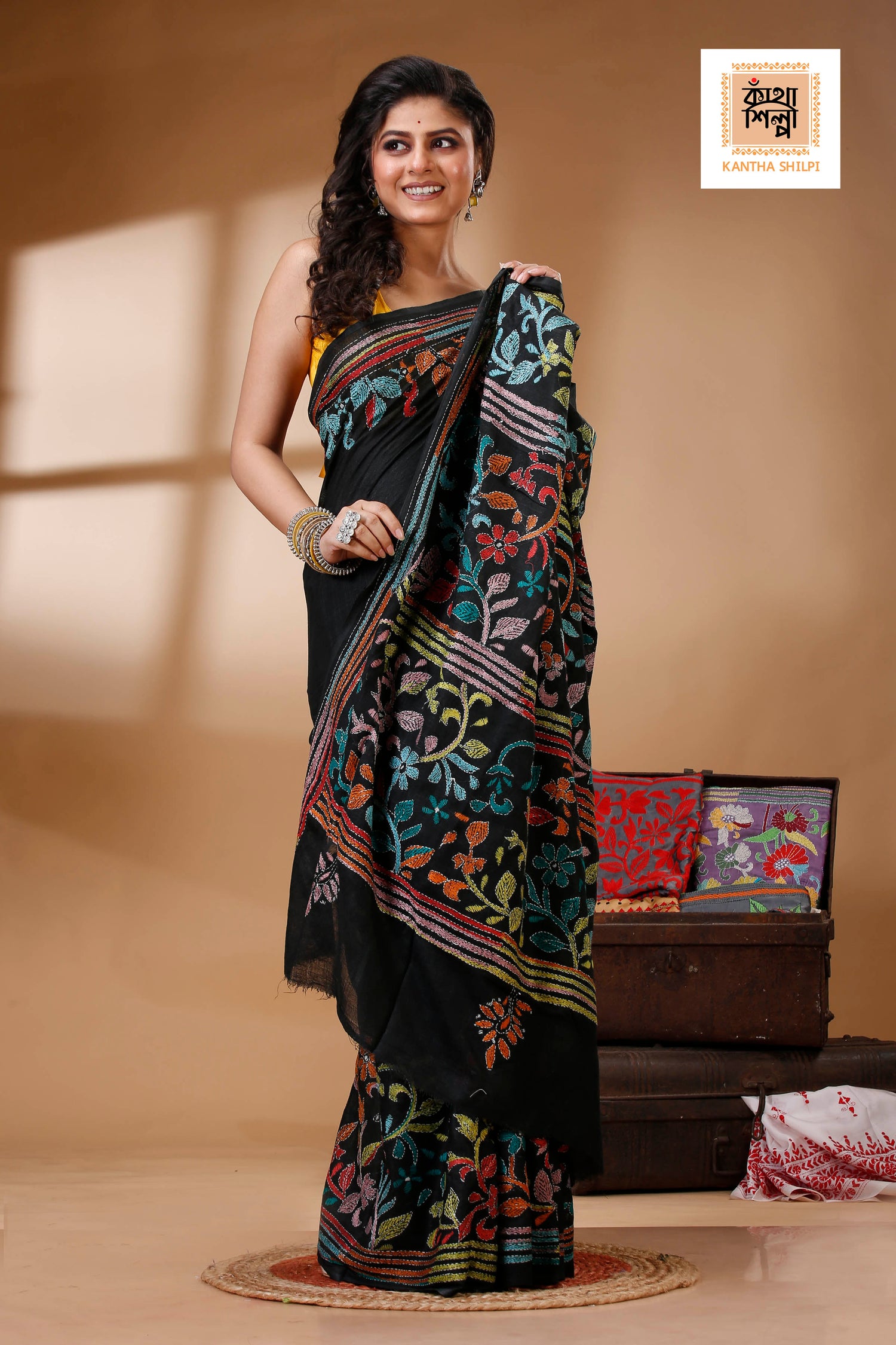 Black Color Pure Cotton with Multicolor Thread Work Kantha Stitch Saree