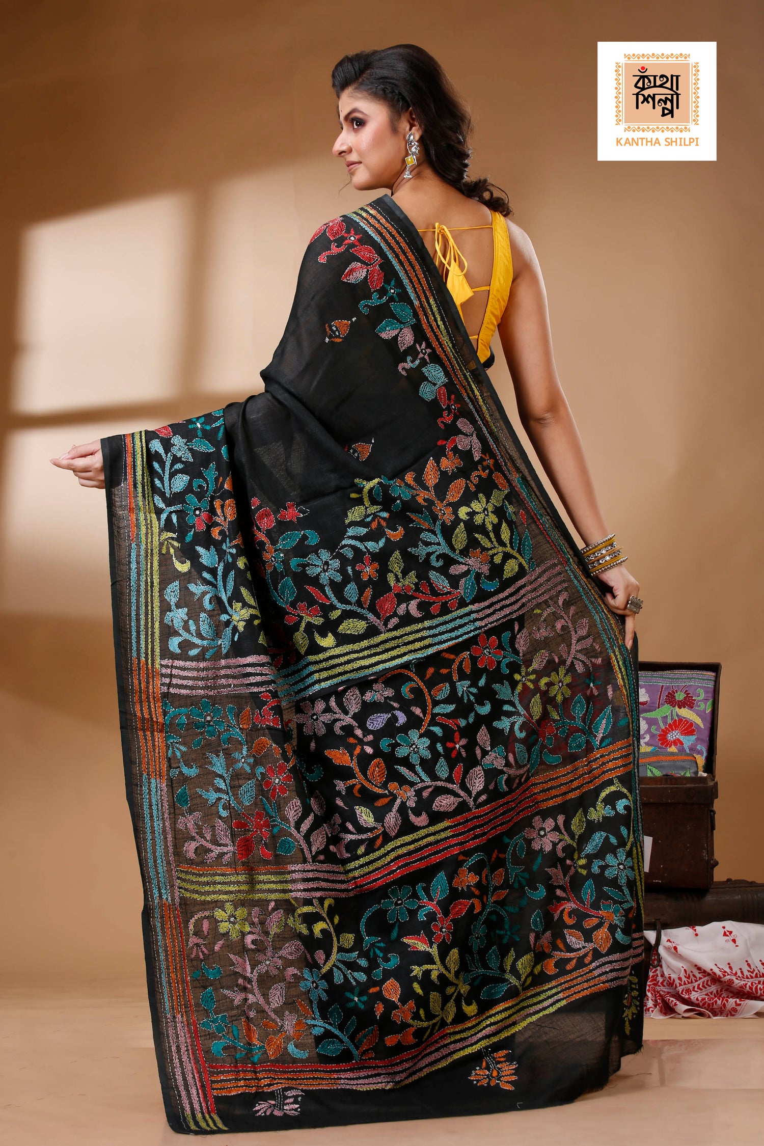 Black Color Pure Cotton with Multicolor Thread Work Kantha Stitch Saree