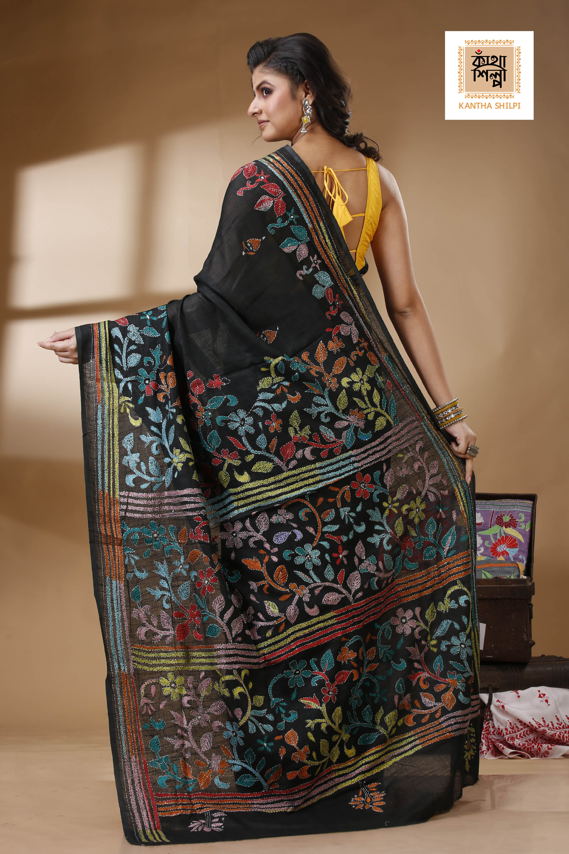 Black Color Pure Cotton with Multicolor Thread Work Kantha Stitch Saree