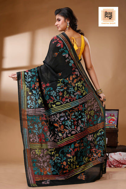 Black Color Pure Cotton with Multicolor Thread Work Kantha Stitch Saree