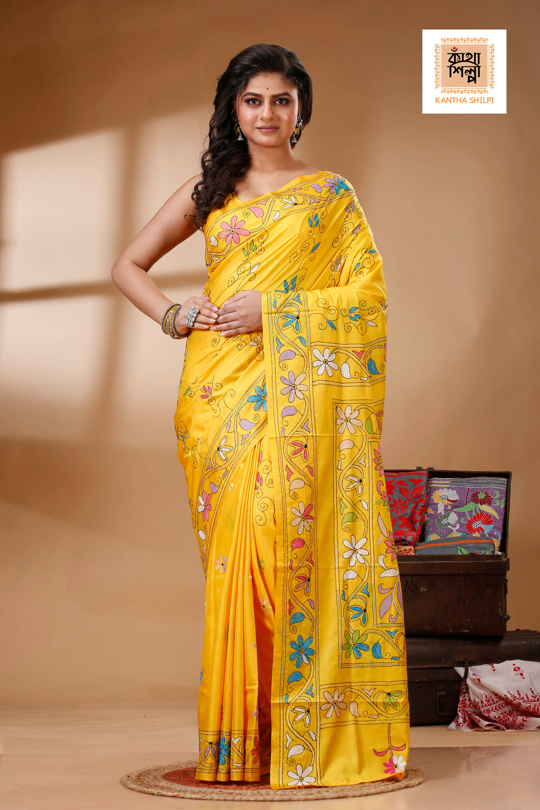 Yellow Color Bangalore Silk Multicolor Thread Work Kantha Stitch Saree