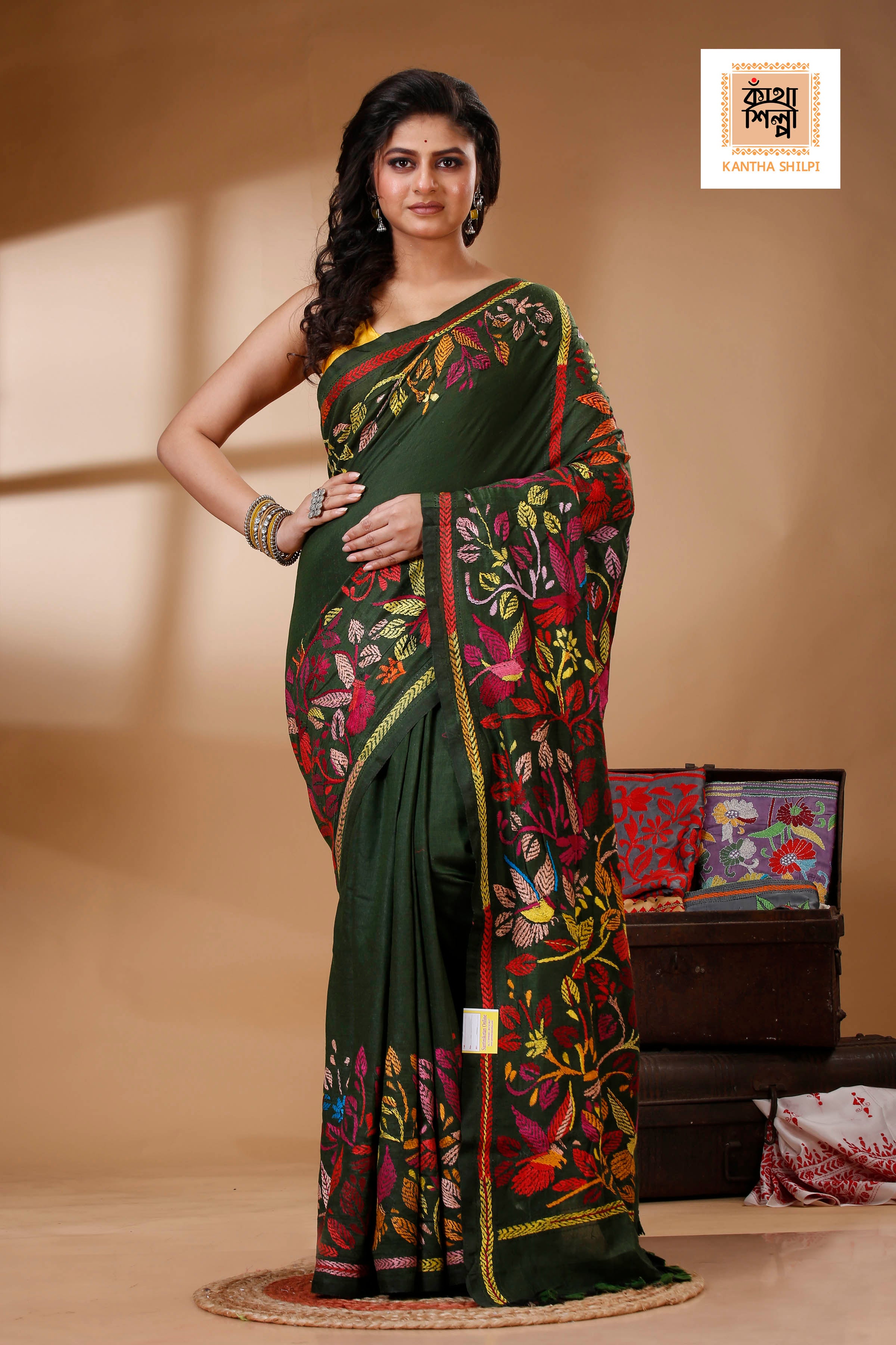Dark Green Color Pure Cotton with Multicolor Thread Work Kantha Stitch Saree