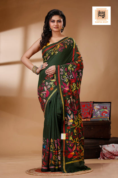 Dark Green Color Pure Cotton with Multicolor Thread Work Kantha Stitch Saree