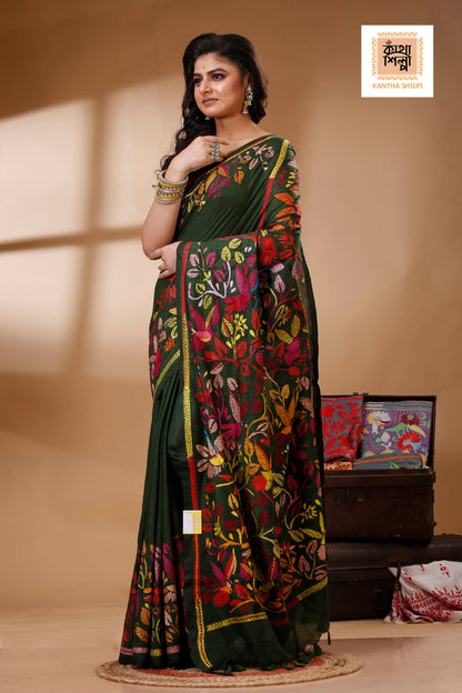 Dark Green Color Pure Cotton with Multicolor Thread Work Kantha Stitch Saree