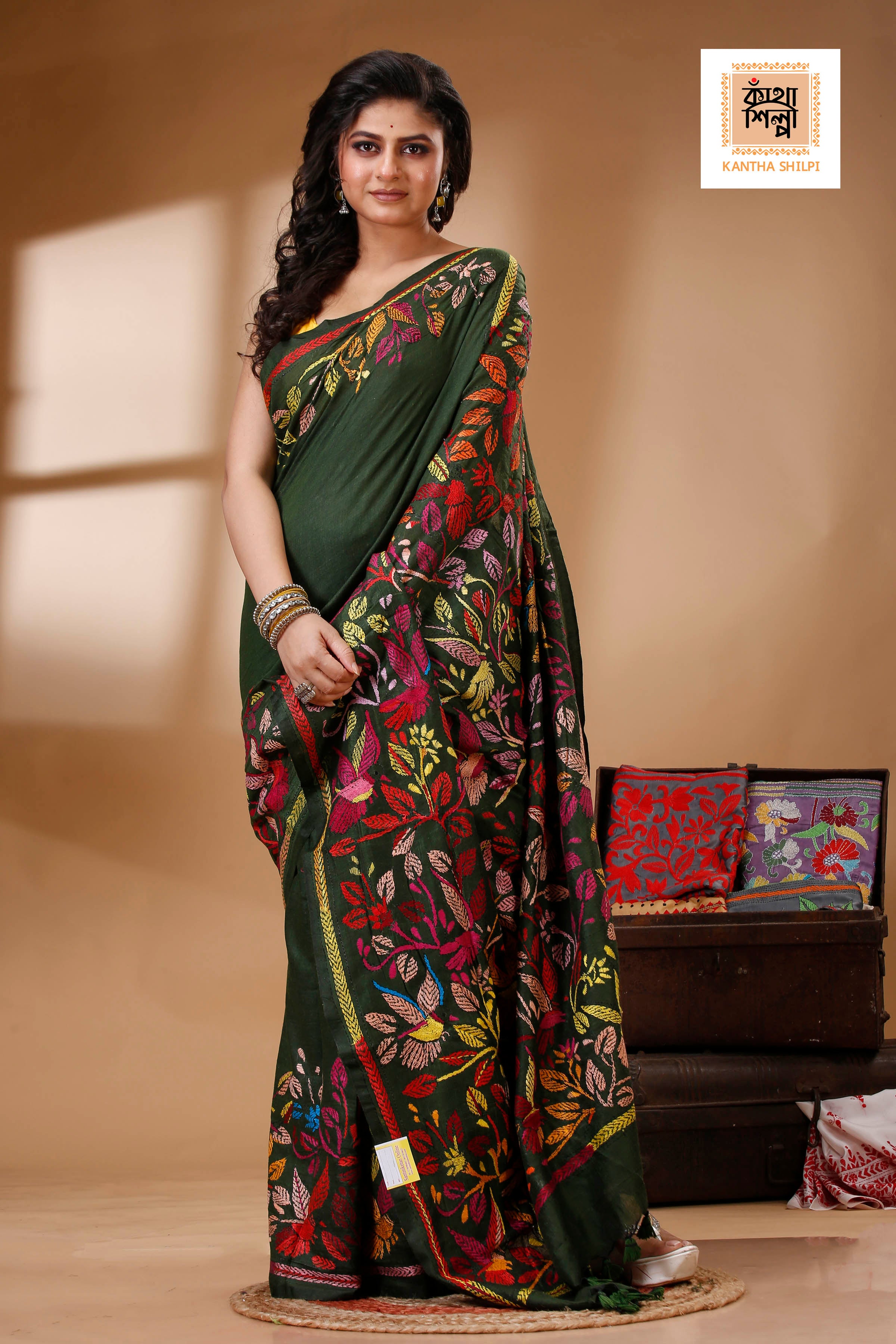 Dark Green Color Pure Cotton with Multicolor Thread Work Kantha Stitch Saree