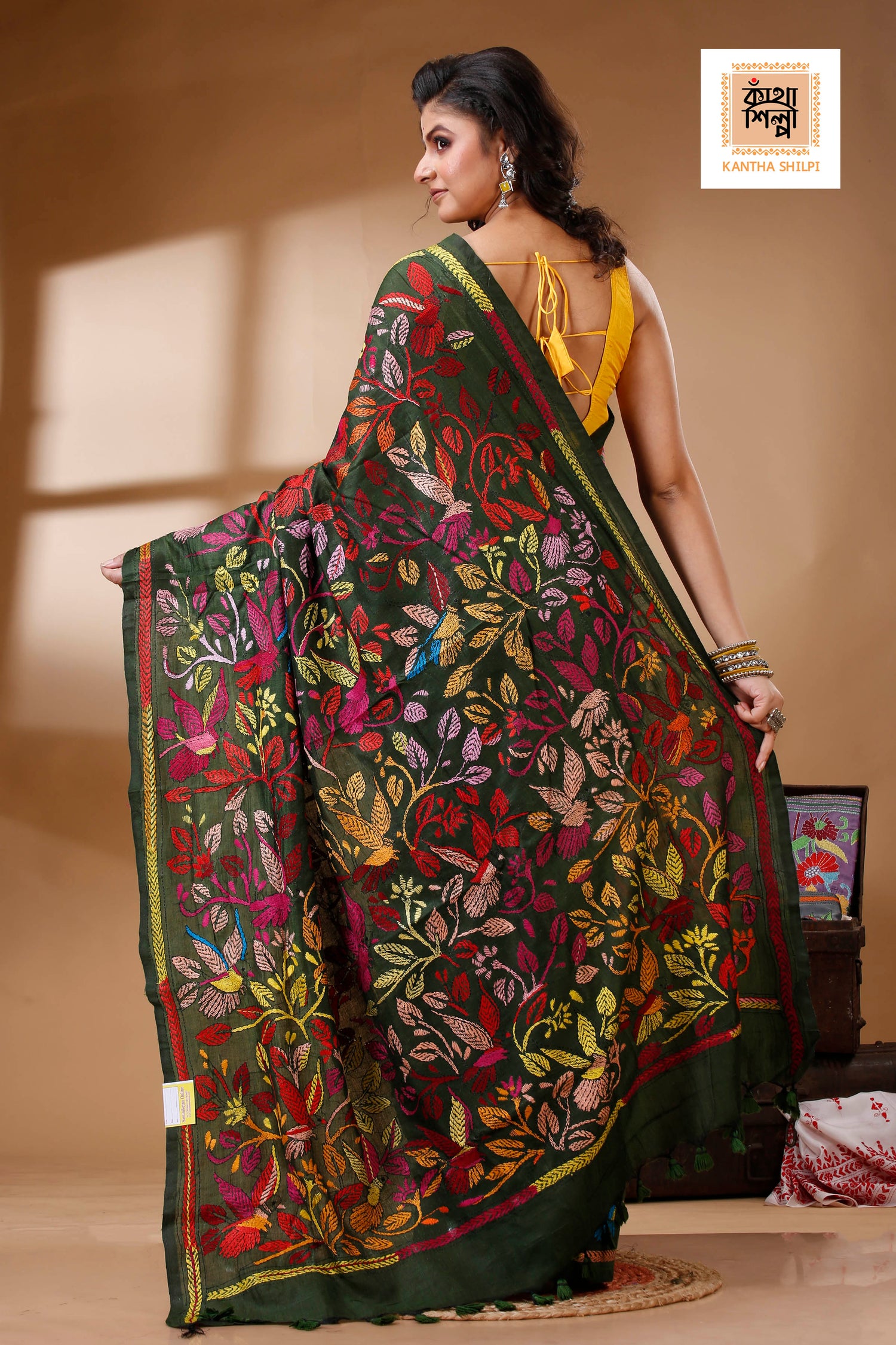 Dark Green Color Pure Cotton with Multicolor Thread Work Kantha Stitch Saree