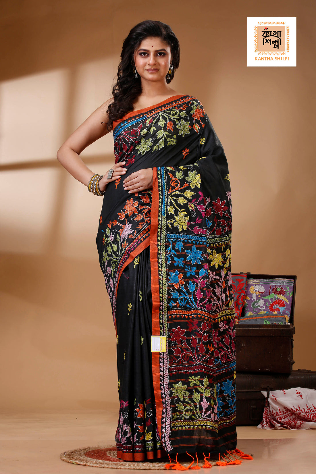 Black Color Pure Cotton with Multicolor Thread Work Kantha Stitch Saree