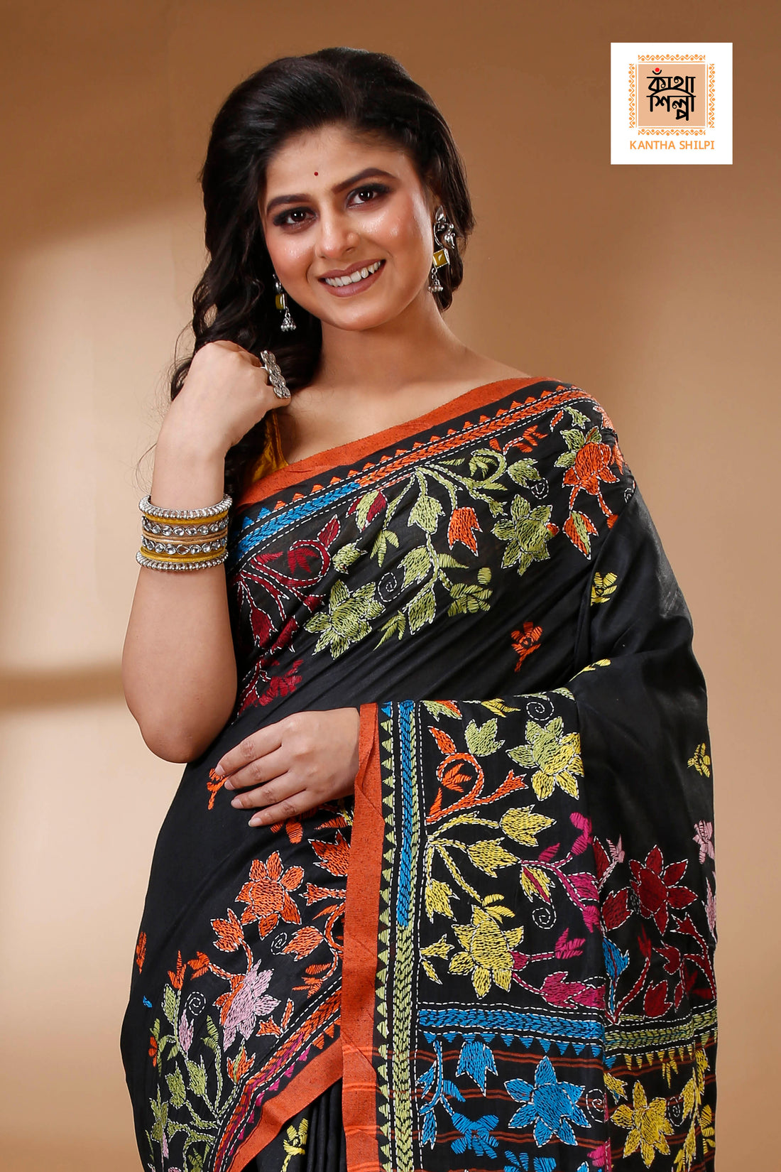 Black Color Pure Cotton with Multicolor Thread Work Kantha Stitch Saree