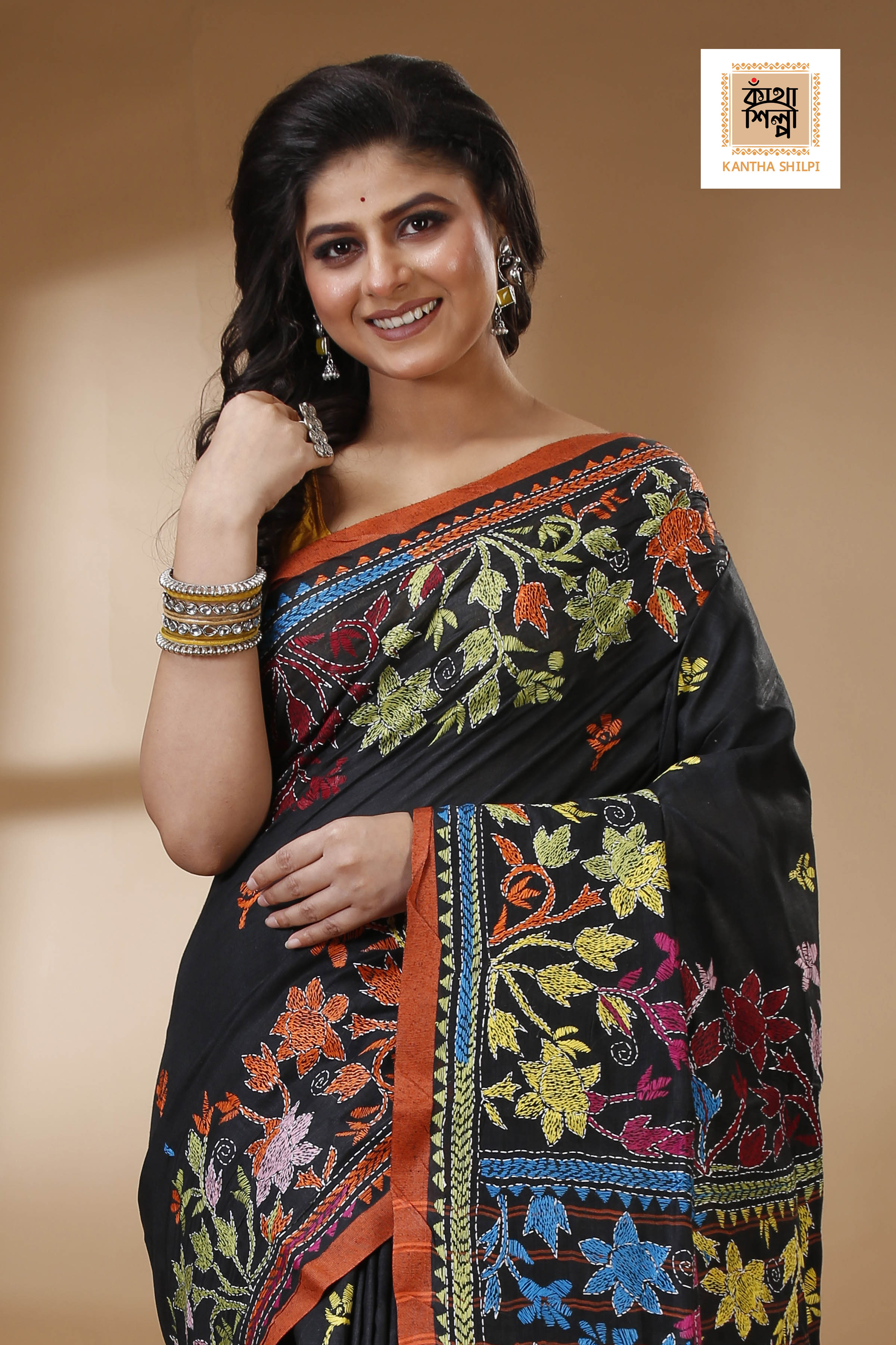 Black Color Pure Cotton with Multicolor Thread Work Kantha Stitch Saree