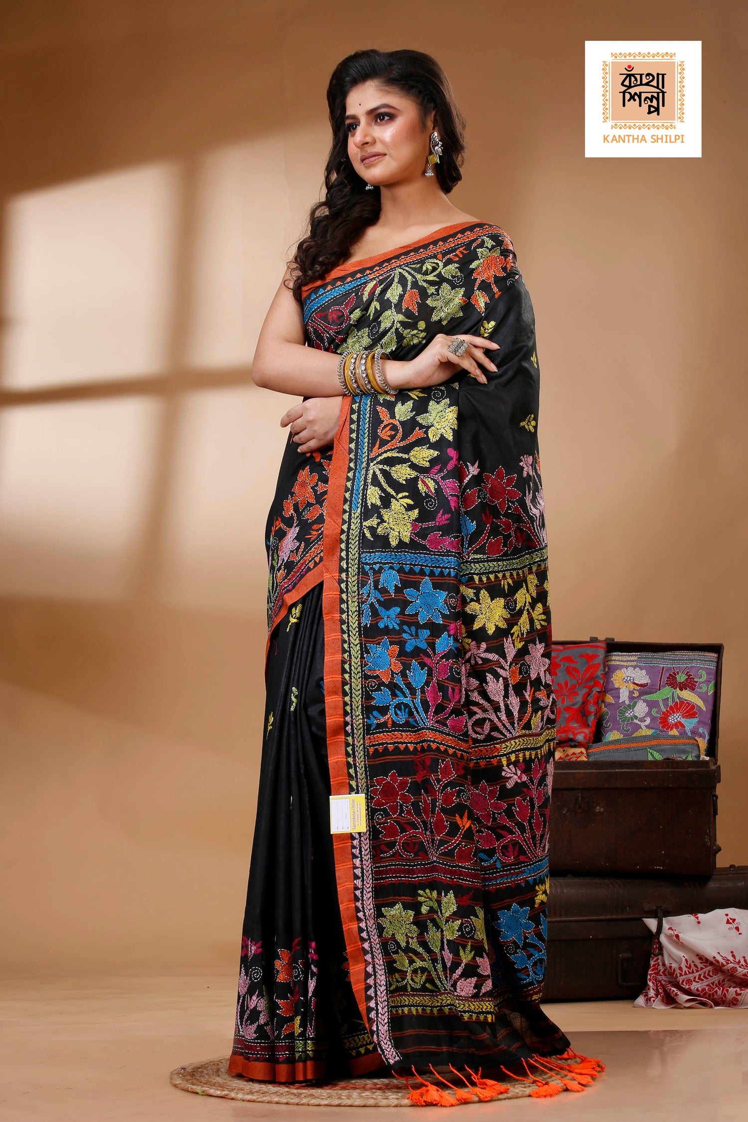 Black Color Pure Cotton with Multicolor Thread Work Kantha Stitch Saree