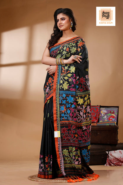 Black Color Pure Cotton with Multicolor Thread Work Kantha Stitch Saree