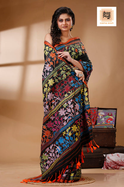 Black Color Pure Cotton with Multicolor Thread Work Kantha Stitch Saree