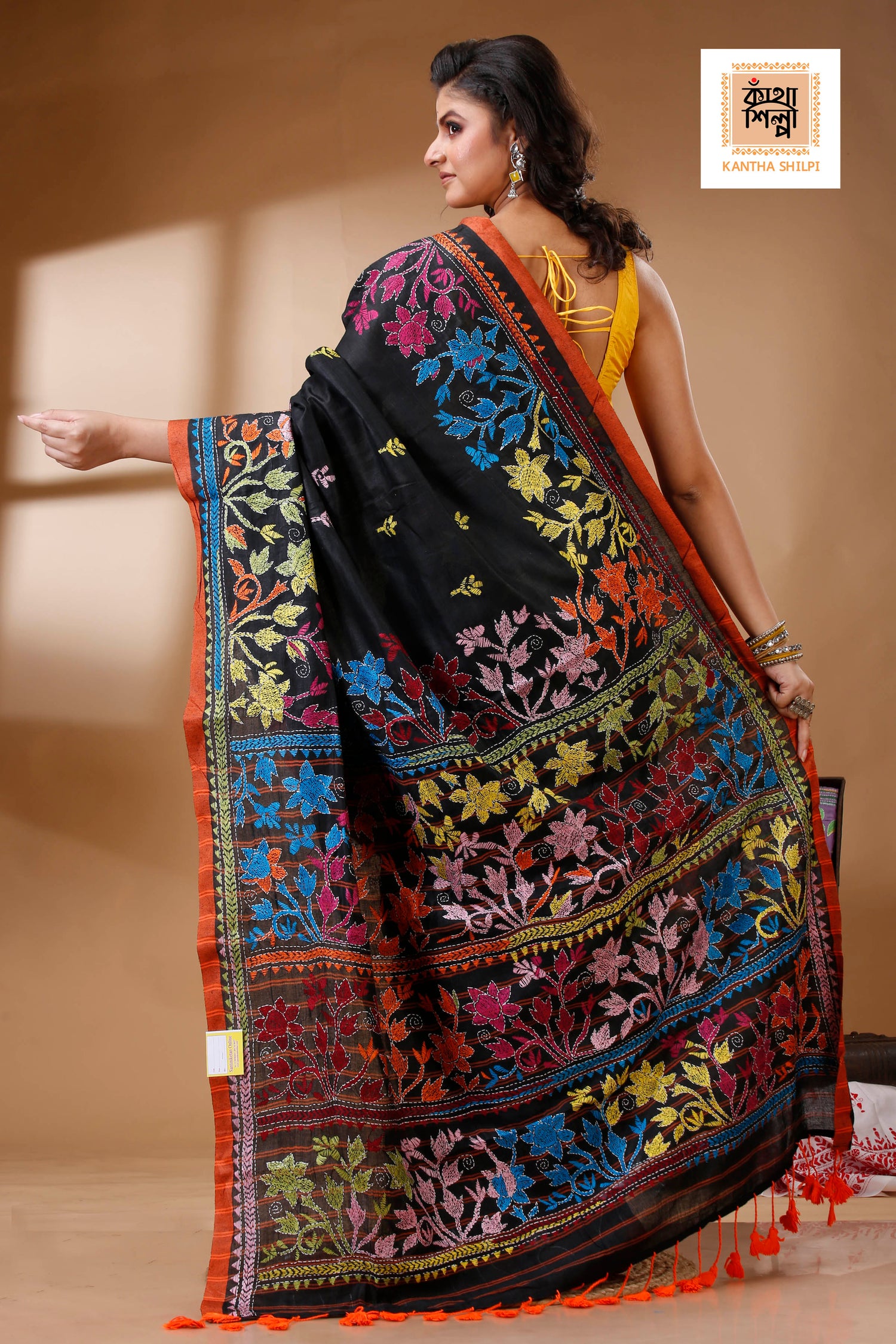 Black Color Pure Cotton with Multicolor Thread Work Kantha Stitch Saree
