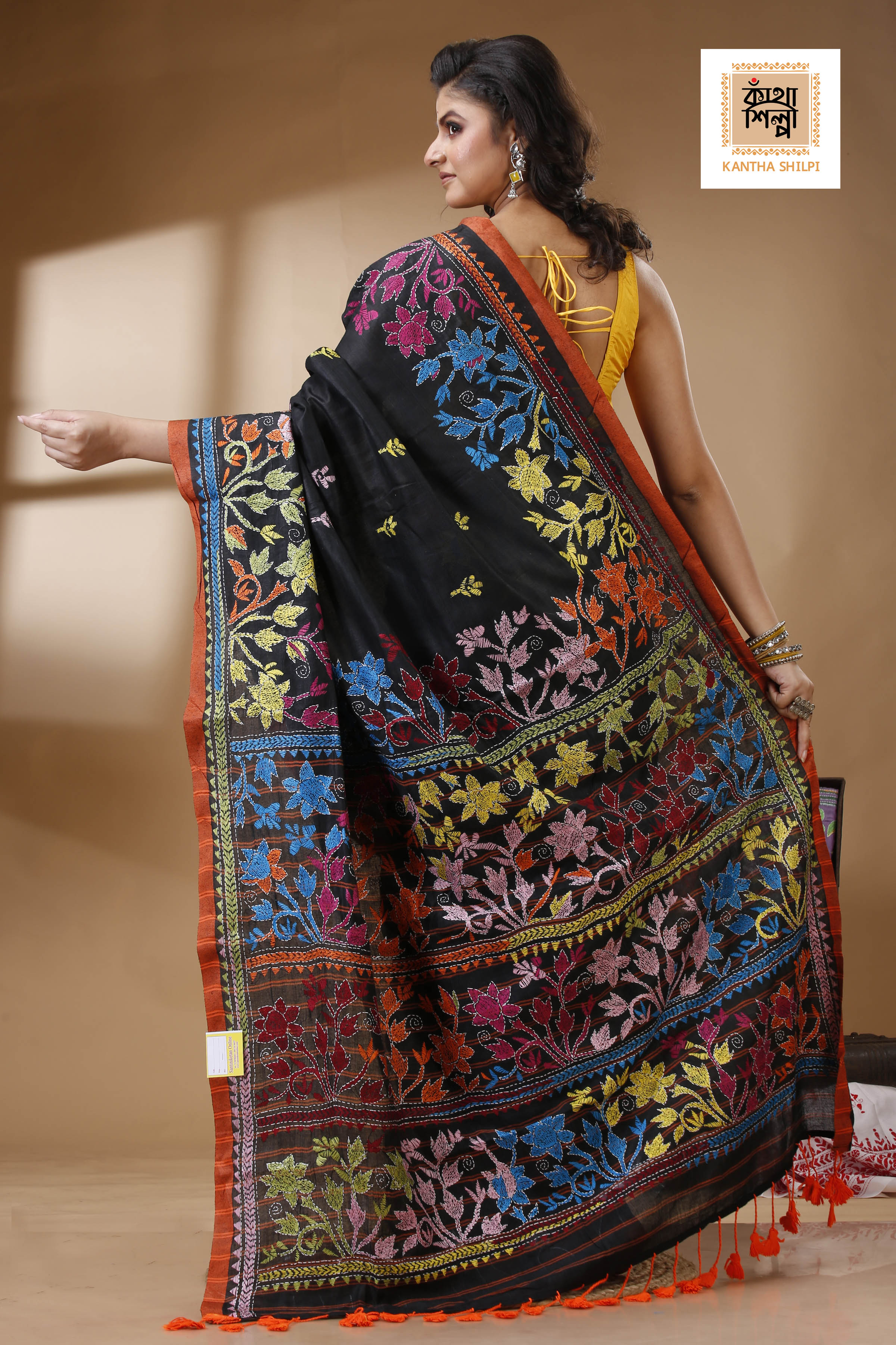 Black Color Pure Cotton with Multicolor Thread Work Kantha Stitch Saree